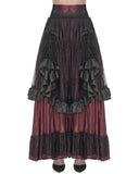 Devil Fashion Womens Long Gothic Jacquard & Lace Bustle Maxi Skirt - Red & Black