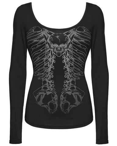 Punk Rave Womens Gothic Skull Print Laser Cut Spinal Ring Lonf Sleeve Top