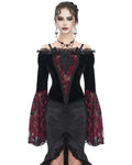 Eva Lady Dark Devore Gothic Velvet & Flocked Mesh Off Shoulder Top - Black & Red