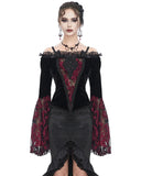 Eva Lady Dark Devore Gothic Velvet & Flocked Mesh Off Shoulder Top - Black & Red