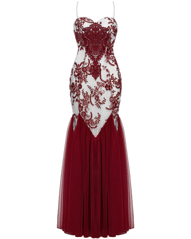 Punk Rave Womens Long Gothic Floral Sequined Wedding Prom Dress - White & Red