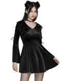 Punk Rave Womens Gothic Velvet Mini Dress With Oversize Embellished Collar - Black