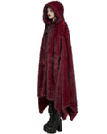 Punk Rave Womens Long Gothic Faux Fur Asymmetric Hooded Winter Cloak - Red