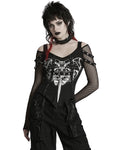 Punk Rave Womens Gothic Vampire Bat Printed Top With Fishnet Sleeves