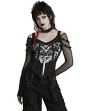 Punk Rave Womens Gothic Vampire Bat Printed Top With Fishnet Sleeves