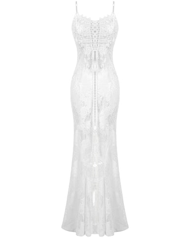 Dark In Love Womens Romantic Gothic Embroidered White Lace Mermaid Dress