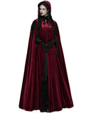 Punk Rave Womens Long Gothic Velvet & Lace Applique Hooded Cloak - Red & Black
