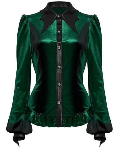 Punk Rave Daily Life Gothic Gradient Velvet Bat Collar Blouse Top - Green & Black