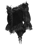 Eva Lady Baroque Gothic Velvet Feathered Rose Embellished Blouse Top - Black