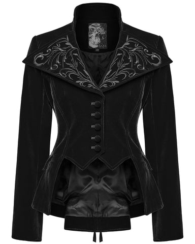 Punk Rave Womens Gothic Embroidered Velvet Cutaway Riding Jacket - Black