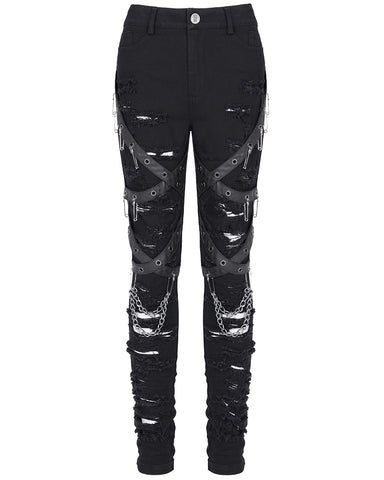 Devil Fashion Womens Apocalyptic Punk Shredded Chain & Strap Skinny Jeans