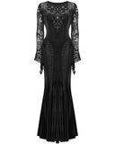 Punk Rave Womens Long Gothic Velvet & Lace Applique Maxi Dress - Black