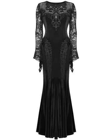 Punk Rave Womens Long Gothic Velvet & Lace Applique Maxi Dress - Black