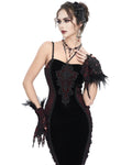 Eva Lady Dark Devore Baroque Gothic Velvet Beaded Cuff Gloves - Black & Red