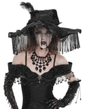 Eva Lady Womens Baroque Gothic Fringed & Feathered Pointed Velvet Witch Hat