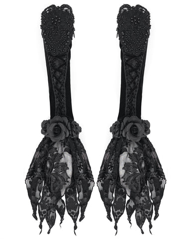 Devil Fashion Womens Long Gothic Velvet & Lace Rose Embellished Opera Gloves