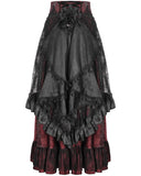 Devil Fashion Womens Long Gothic Jacquard & Lace Bustle Maxi Skirt - Red & Black