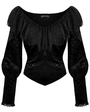 Dark In Love Womens Gothic Victorian Baroque Jacquard Velvet & Lace Blouse Top