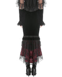 Dark In Love Womens Elegant Gothic Velvet Embroidered Mermaid Skirt - Black & Red