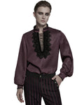 Punk Rave Mens Gothic Embossed Print Lace-Up Pirate Shirt - Red