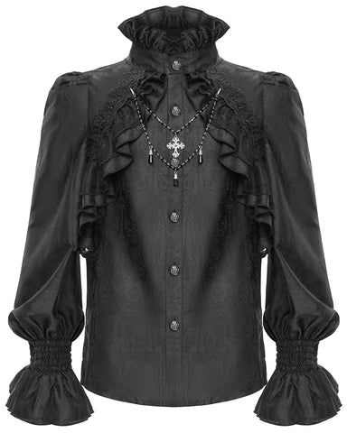 Devil Fashion Mens Gothic Vampire Beaded Crucifix Jacquard Dress Shirt - Black