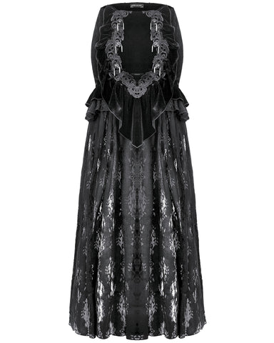 Dark In Love Womens Long Victorian Gothic Ruffled Velvet & Lace Maxi Skirt