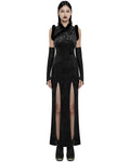 Punk Rave Womens Gothic Embossed Rose Velvet & Faux Fur Cheongsam Dress - Black