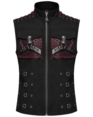 Punk Rave Mens Apocalyptic Gothic Mesh Utility Pocket Waistcoat Vest Black Red