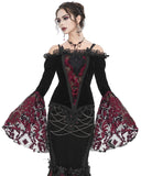 Eva Lady Dark Devore Gothic Velvet & Flocked Mesh Off Shoulder Top - Black & Red