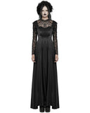 Punk Rave Womens Long Gothic Sateen Maxi Dress With Embroidered Lace Contrast