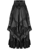 Devil Fashion Womens Long Gothic Jacquard & Lace Bustle Maxi Skirt - Black