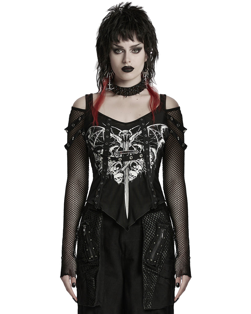 Vampire Rava Punk Rave Womens Gothic Vampire Bat Printed Top With Fishnet Sleeves ...