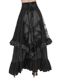 Devil Fashion Womens Long Gothic Jacquard & Lace Bustle Maxi Skirt - Black