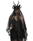 Punk Rave Womens Dark Gothic Beaded Demon Horns 2-Piece Mesh Veil