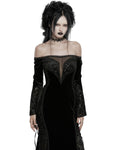 Punk Rave Womens Long Gothic Off Shoulder Maxi Dress With Devore Velvet Contrasts