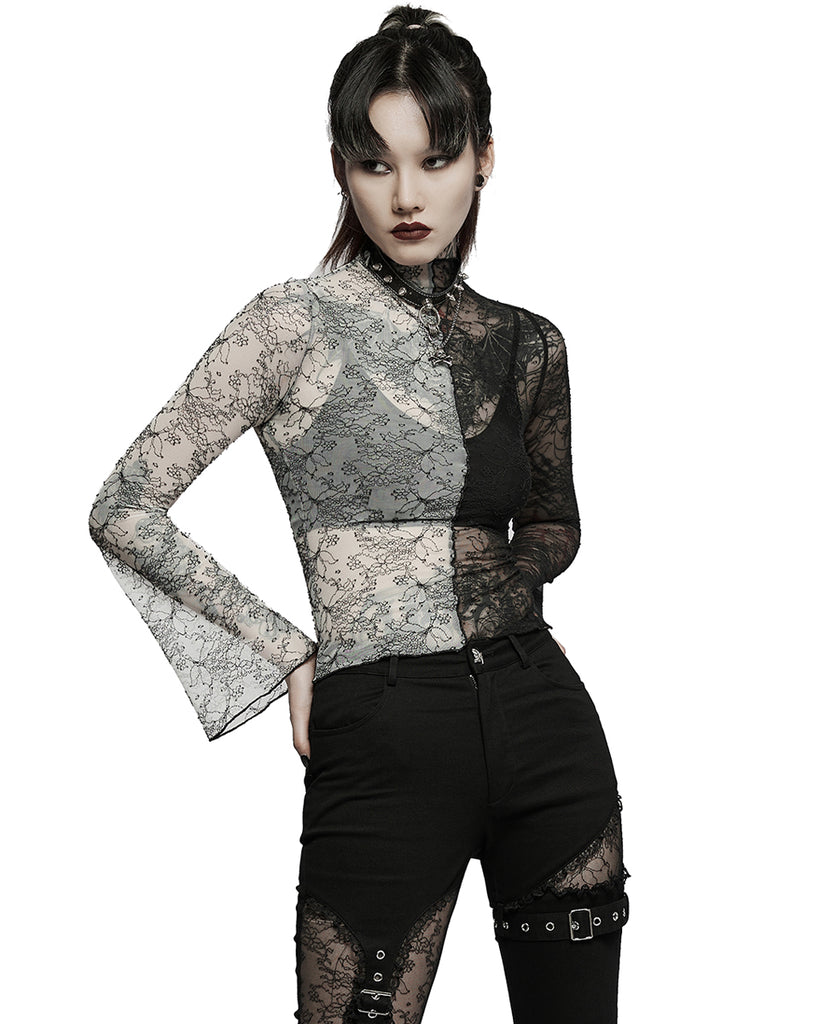 Punk Rave Womens Gothic Poison Ivy Sheer Mesh Split Top - Black & Whit ...