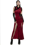 Punk Rave Womens Gothic Embossed Rose Velvet & Faux Fur Cheongsam Dress - Red