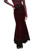 Punk Rave Daily Life Womens Long Gothic Velvet Ruched Split Waist Skirt - Red