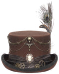 Devil Fashion Mens Steampunk Chained & Feathered Top Hat - Brown