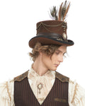 Devil Fashion Mens Steampunk Chained & Feathered Top Hat - Brown