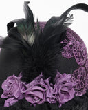 Eva Lady Womens Gothic Beaded & Feathered Wide Brim Mourning Hat - Black & Purple