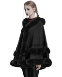 Punk Rave Daily Life Womens Plush & Faux Fur Hooded Winter Cloak - Black