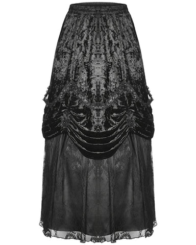 Dark In Love Womens Gothic Courtesan Ruched Velvet & Lace Maxi Skirt