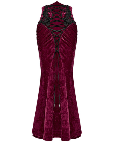 Punk Rave Daily Life Womens Long Gothic Velvet Applique Maxi Skirt - Red