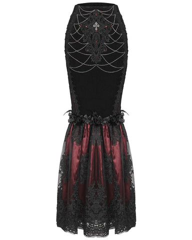 Eva Lady Dark Devore Baroque Gothic Velvet Chained Mermaid Skirt - Black & Red