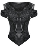Dark In Love Womens Romantic Gothic Jaquard & Lace Rose Open Shoulder Top