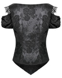 Dark In Love Womens Romantic Gothic Jaquard & Lace Rose Open Shoulder Top