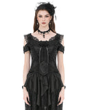 Dark In Love Womens Romantic Gothic Jaquard & Lace Rose Open Shoulder Top