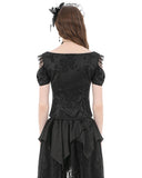 Dark In Love Womens Romantic Gothic Jaquard & Lace Rose Open Shoulder Top