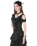Dark In Love Womens Romantic Gothic Jaquard & Lace Rose Open Shoulder Top